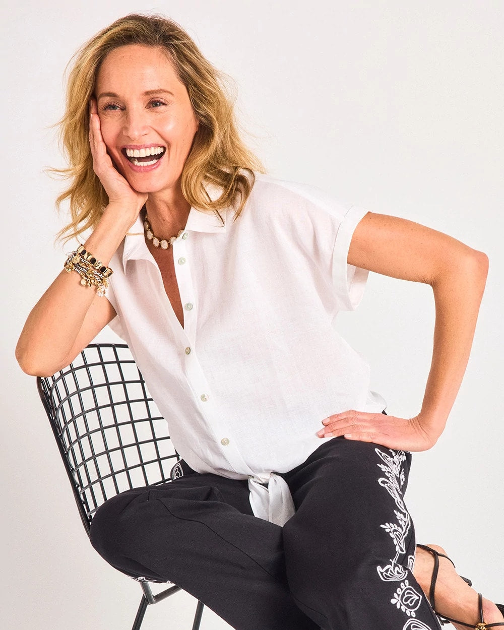 Optic White No Iron™ Linen Tie-Front Cap Sleeve Shirt