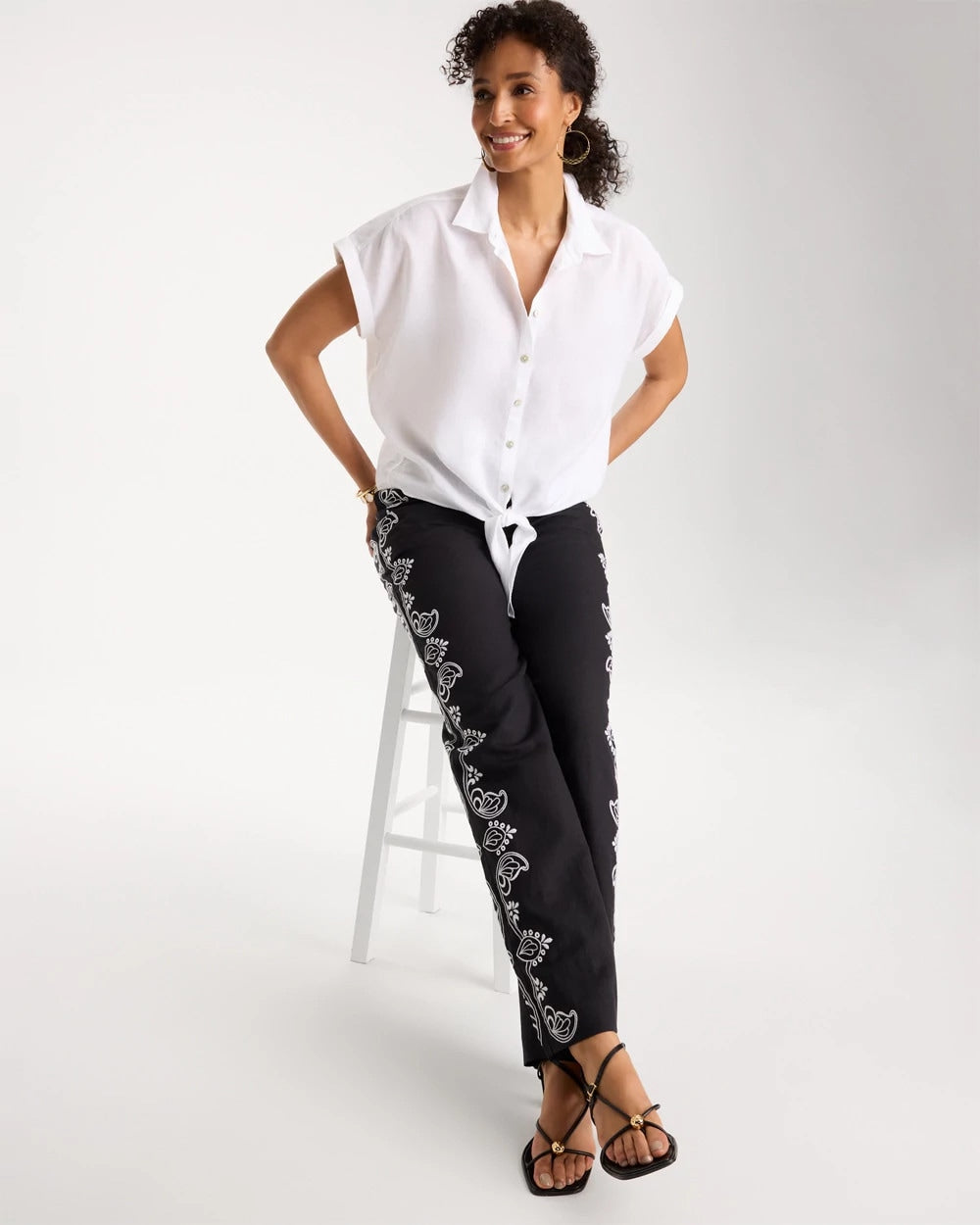 Optic White No Iron™ Linen Tie-Front Cap Sleeve Shirt