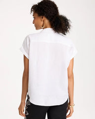 Optic White No Iron™ Linen Tie-Front Cap Sleeve Shirt