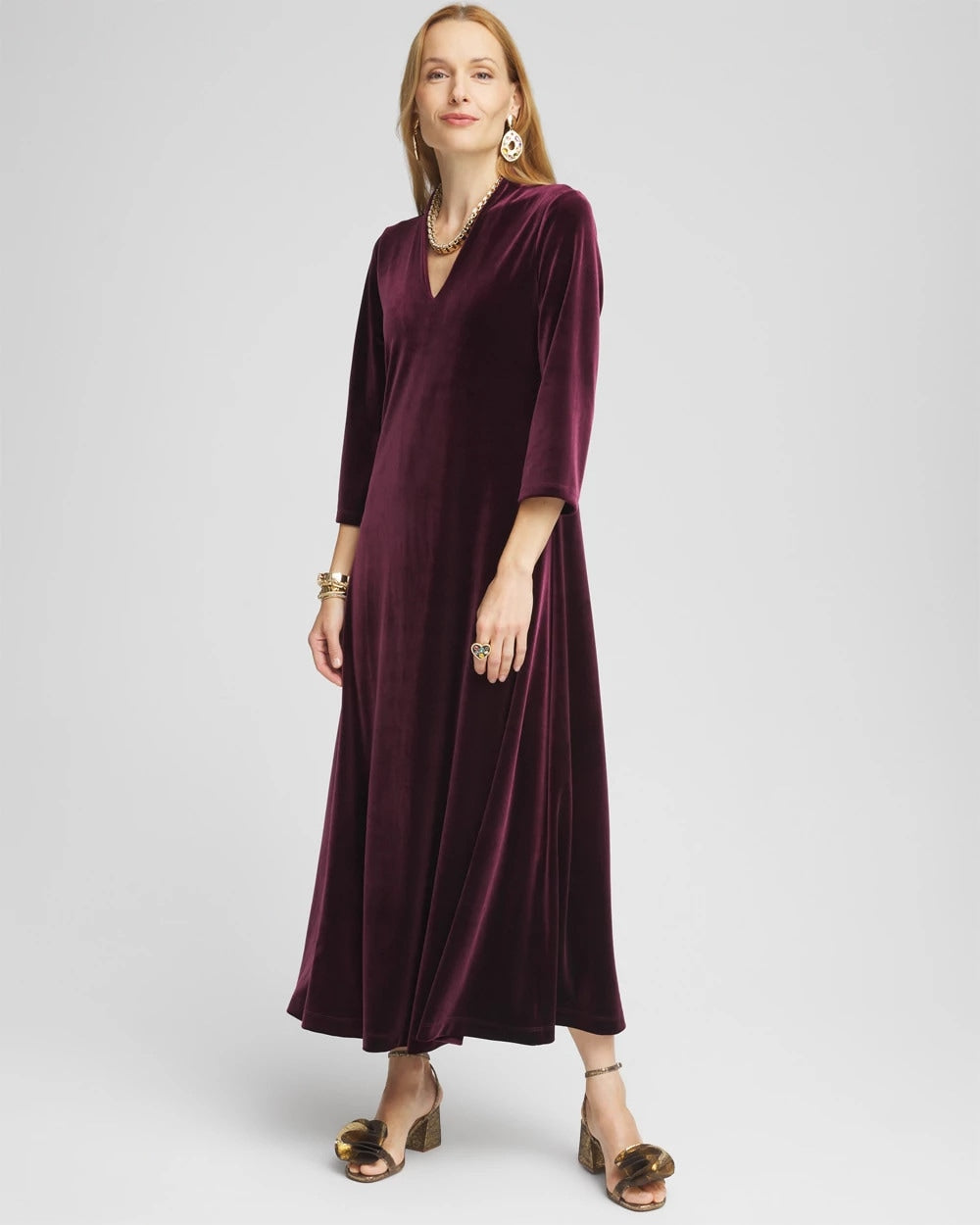 Deep Raisin V-Neck Velour Midi Dress
