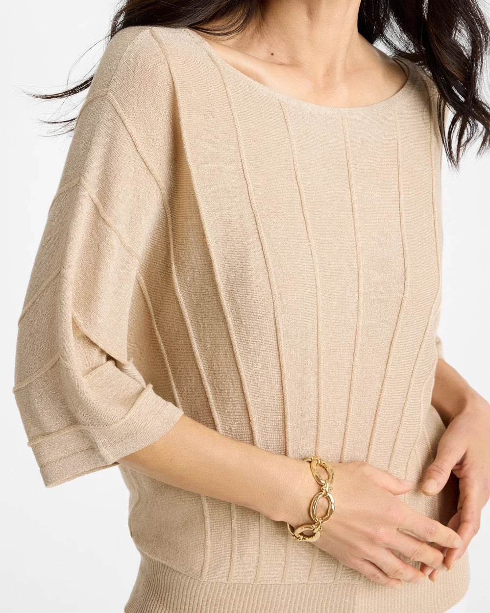 Ecru Metallic Pleated Dolman Pullover Sweater