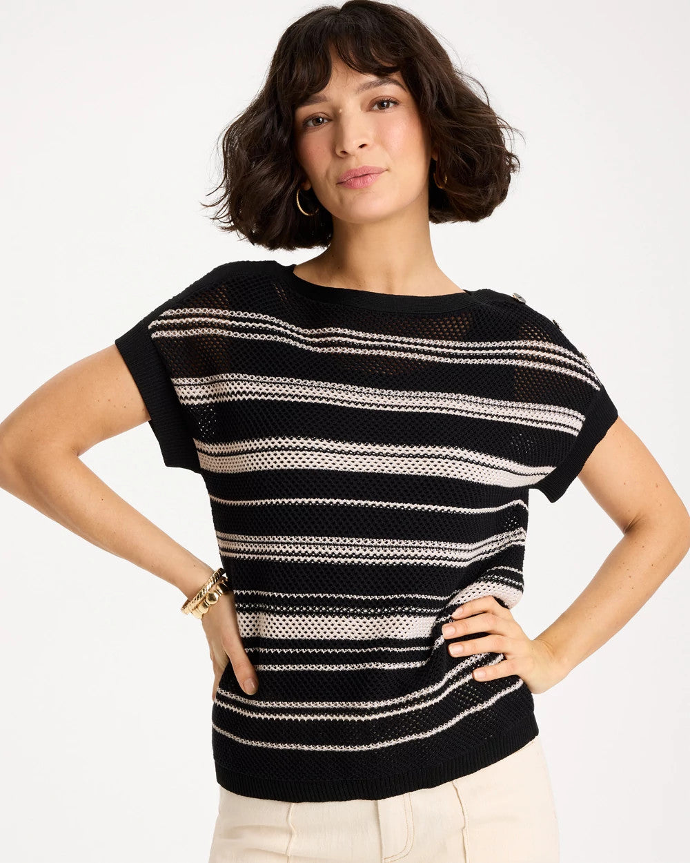 Black Striped Mesh Stitch Pullover Sweater