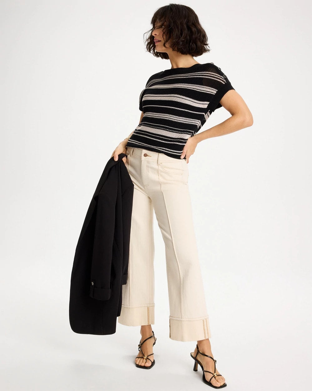 Black Striped Mesh Stitch Pullover Sweater