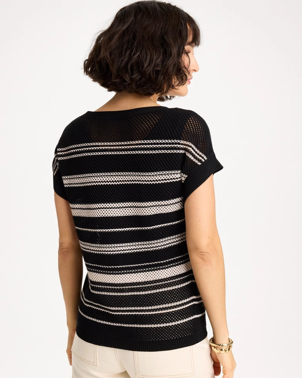 Black Striped Mesh Stitch Pullover Sweater