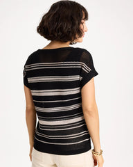 Black Striped Mesh Stitch Pullover Sweater