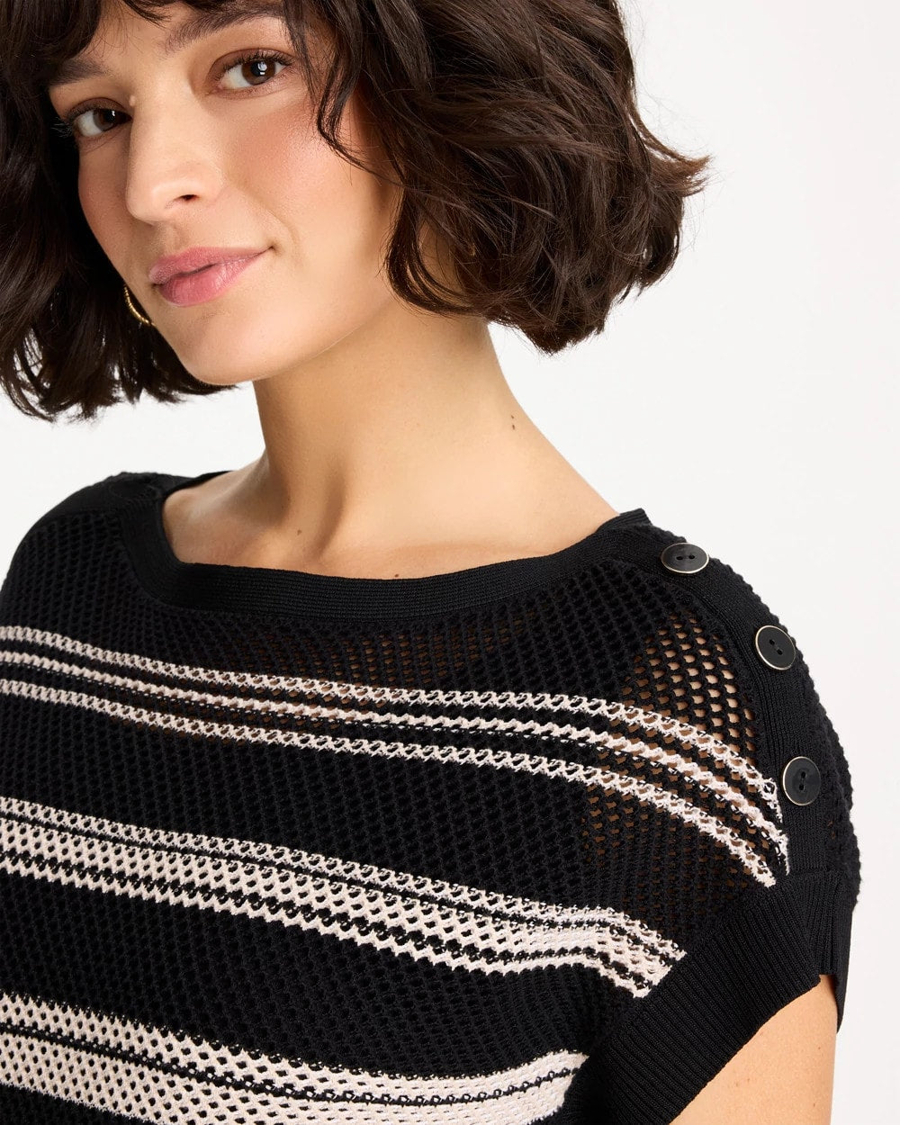 Black Striped Mesh Stitch Pullover Sweater