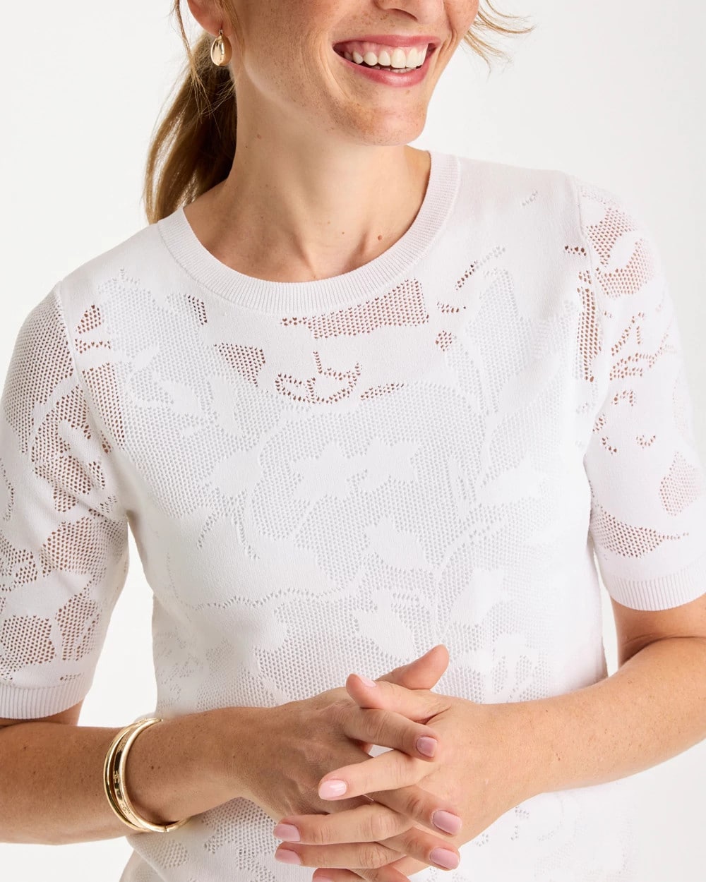 Alabaster Ella Short-Sleeve Pointelle Sweater