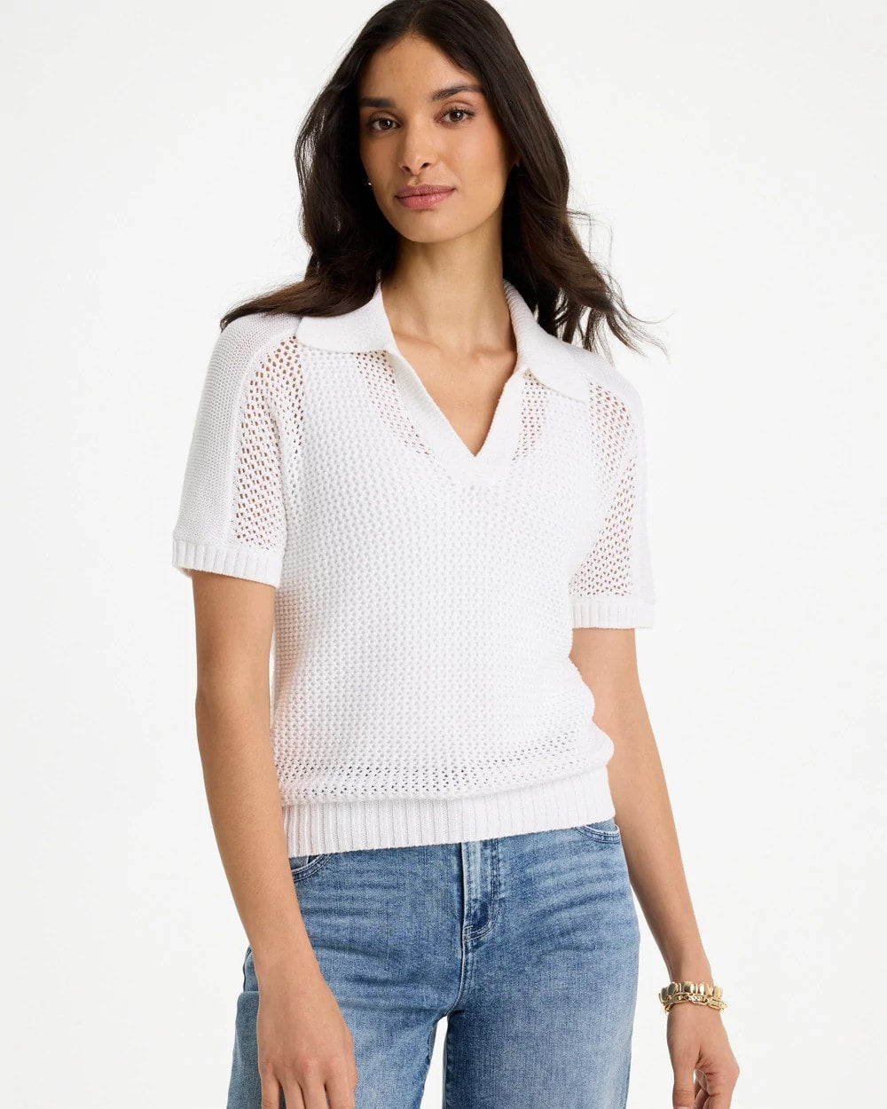 Alabaster Sequin Pointelle Pullover Polo Sweater