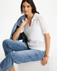 Alabaster Sequin Pointelle Pullover Polo Sweater