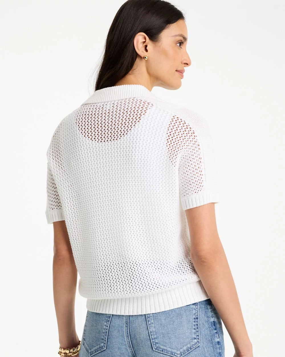 Alabaster Sequin Pointelle Pullover Polo Sweater