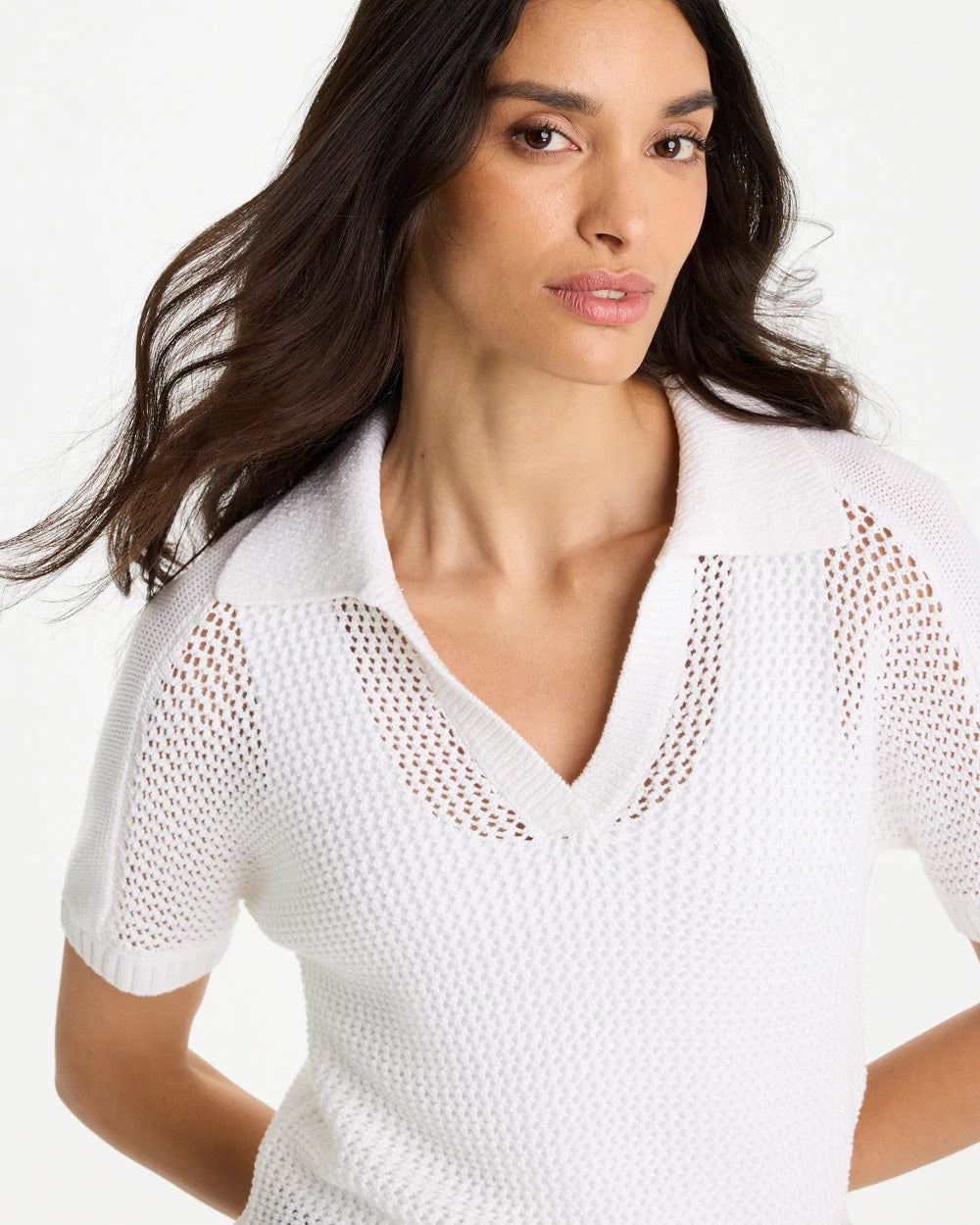 Alabaster Sequin Pointelle Pullover Polo Sweater