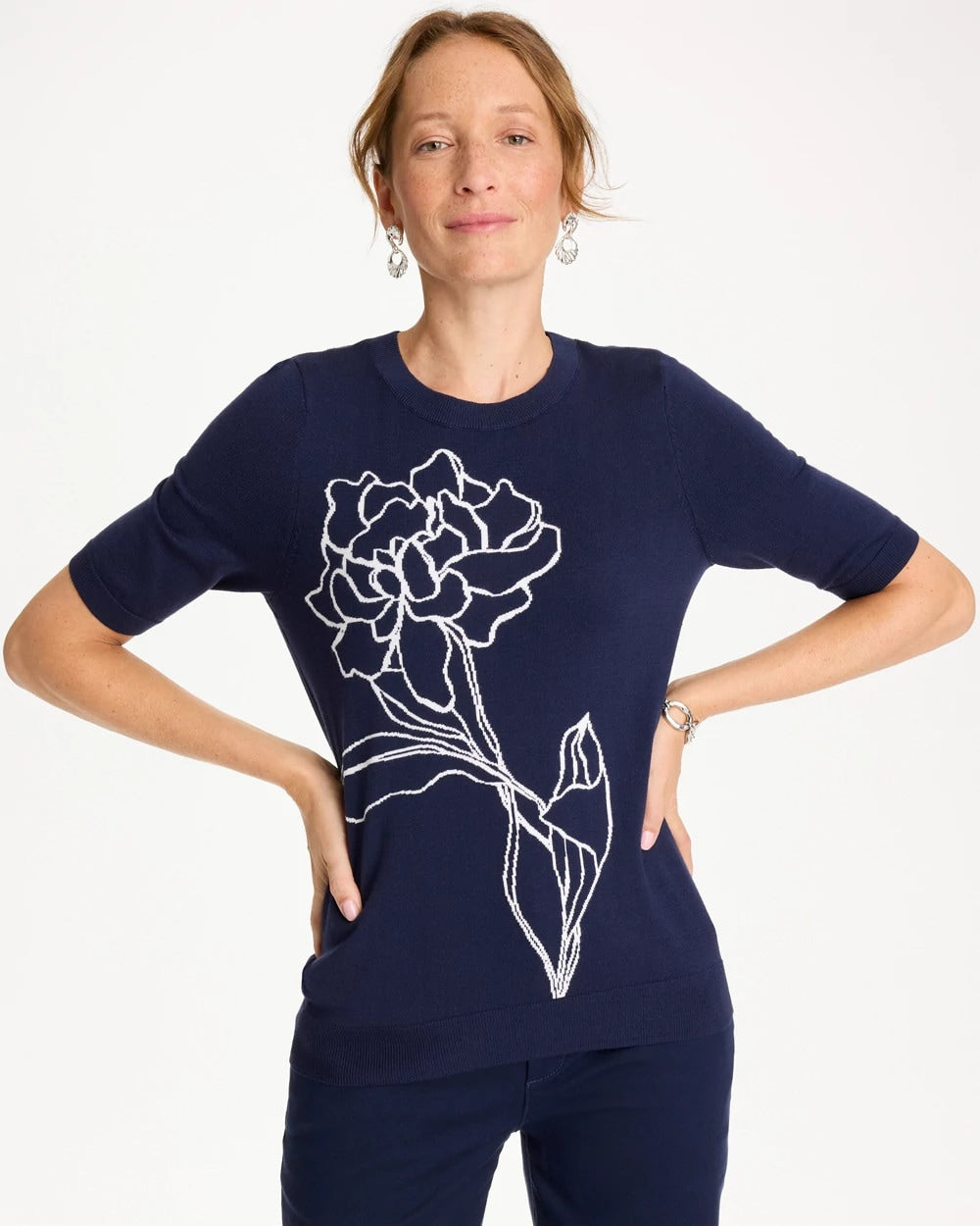 Passport Blue Ella Short-Sleeve Floral Sweater