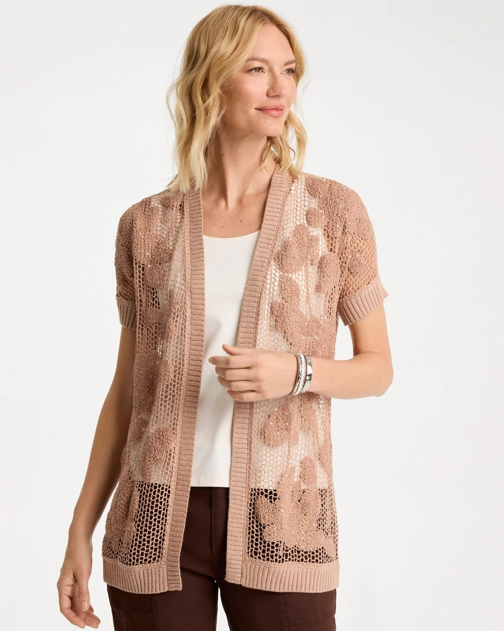 Mocha Mousse Cotton-Blend Crochet Cocoon Cardigan