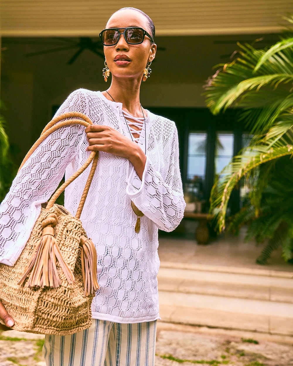 Alabaster Cotton-Linen Lace Notch-Neck Sweater