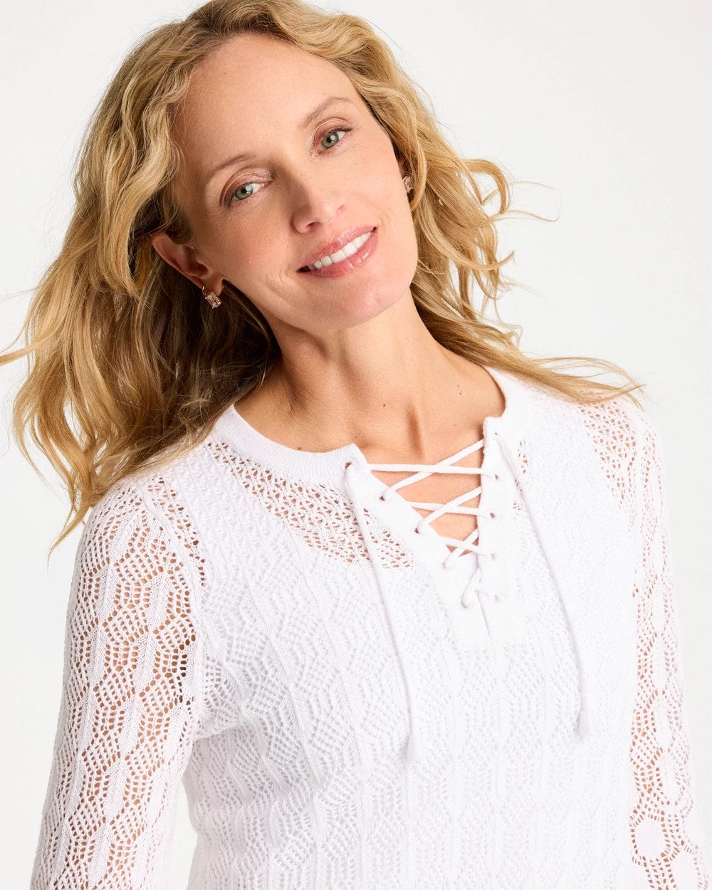 Alabaster Cotton-Linen Lace Notch-Neck Sweater