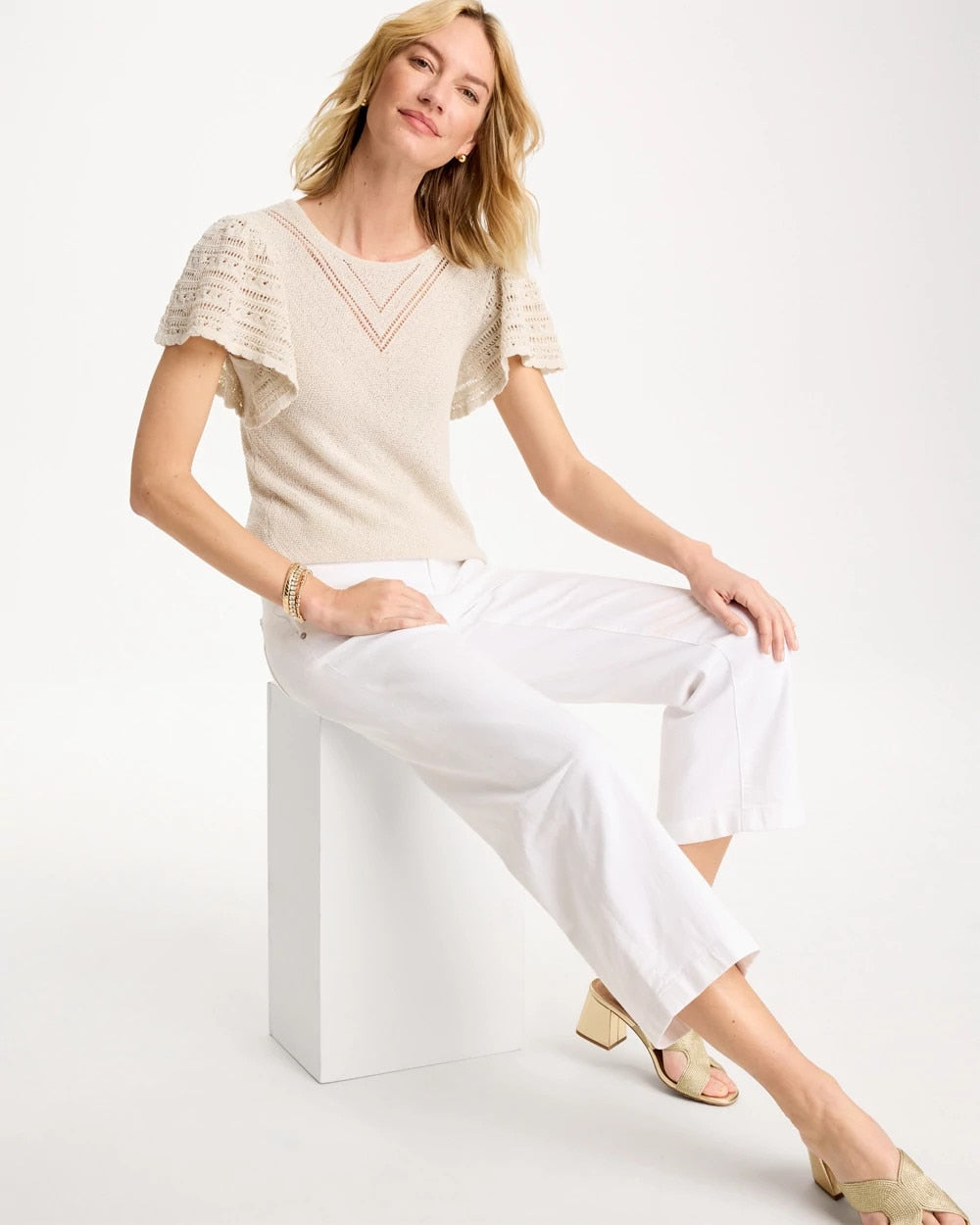 Cream Pointelle Metallic Flutter-Sleeve Pullover