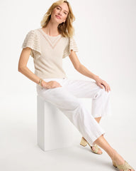 Cream Pointelle Metallic Flutter-Sleeve Pullover