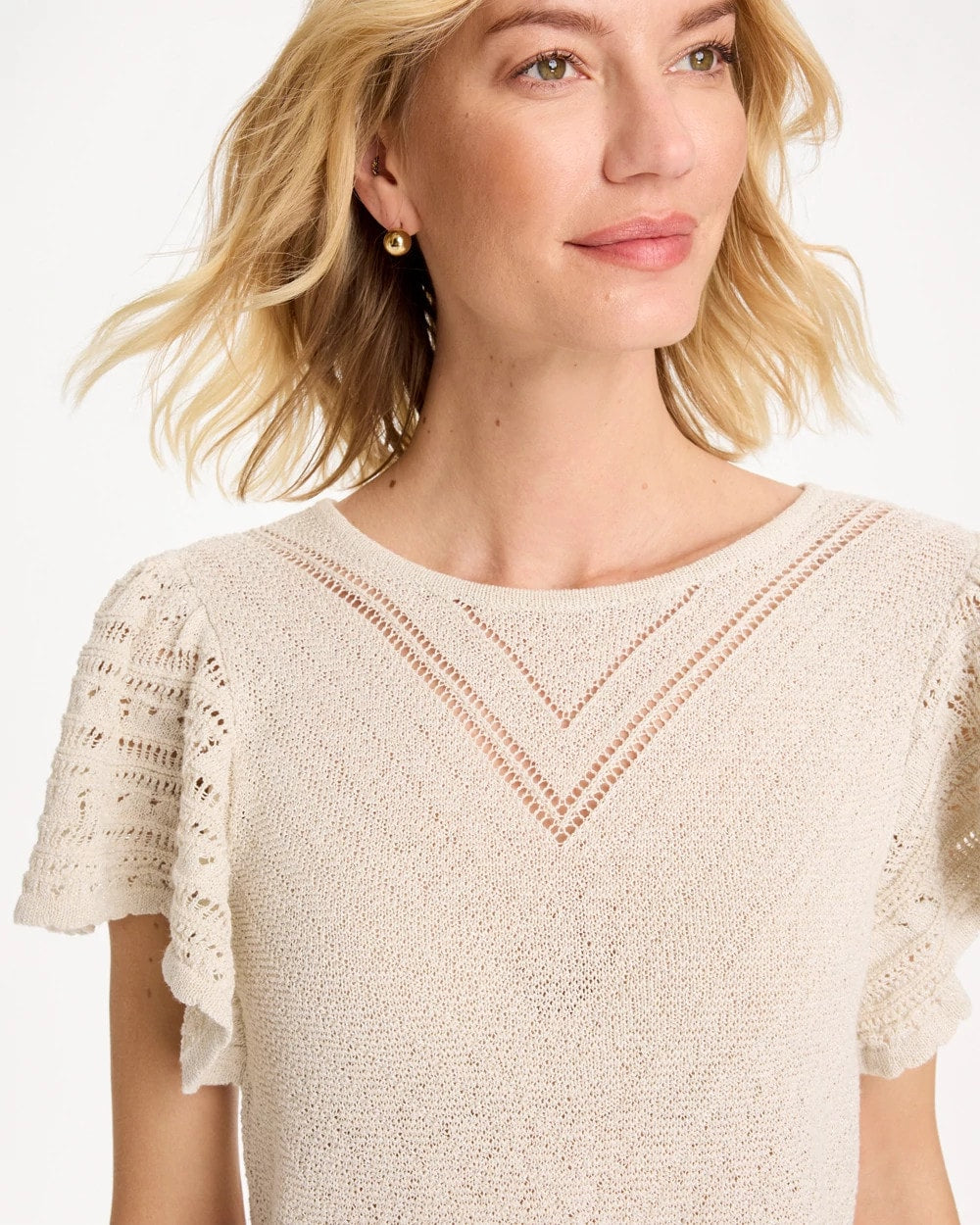 Cream Pointelle Metallic Flutter-Sleeve Pullover