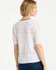 Alabaster Pointelle Blanket-Stitch Pullover Sweater