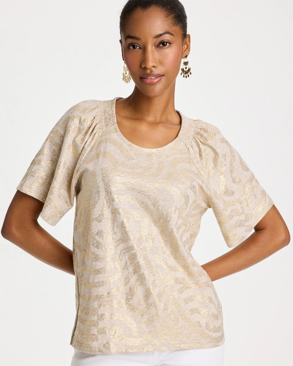 Smokey Taupe Cotton Foiled Shirred Tee