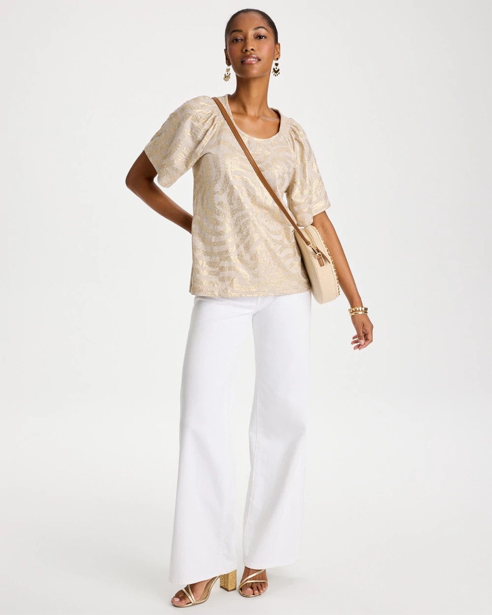 Smokey Taupe Cotton Foiled Shirred Tee