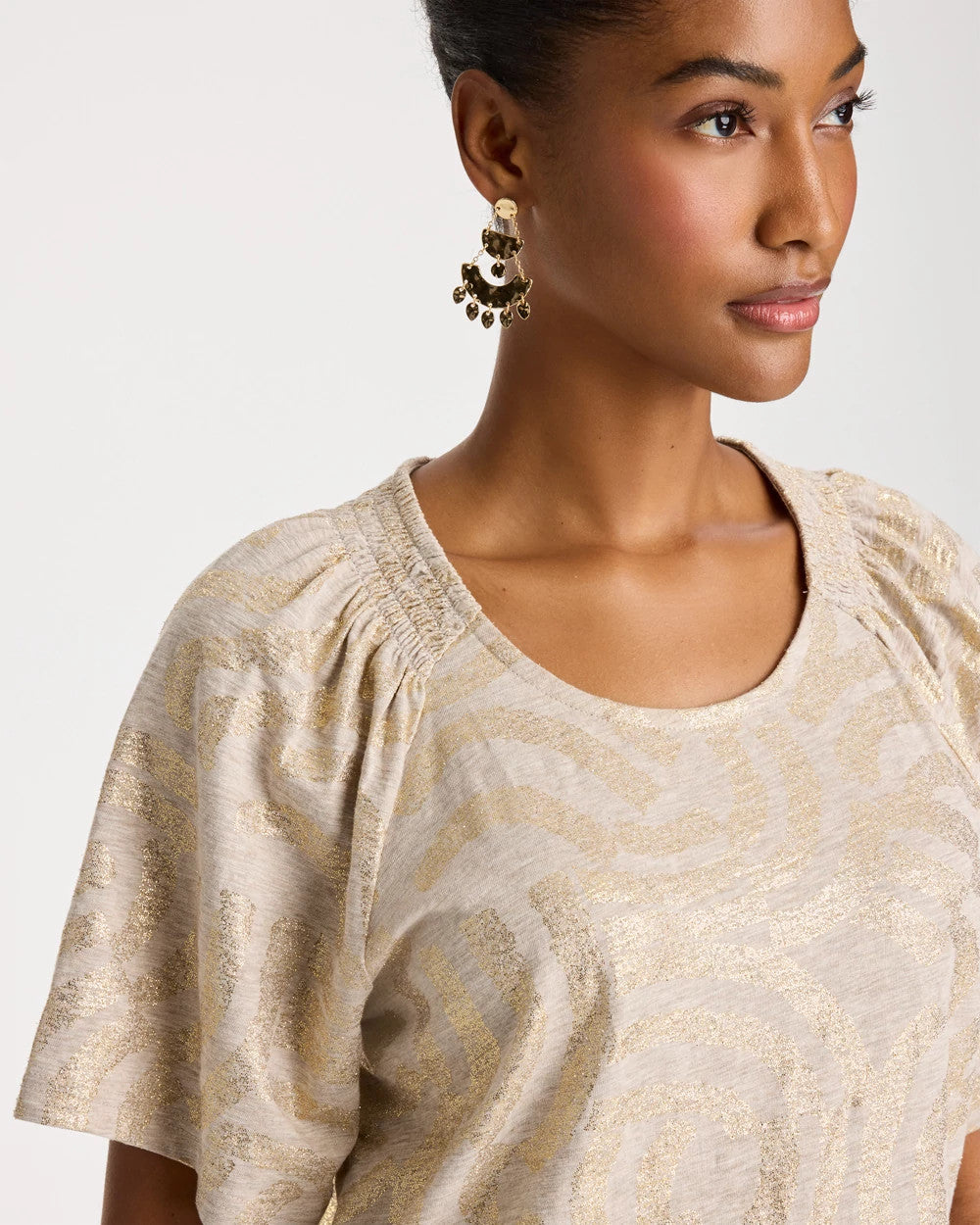 Smokey Taupe Cotton Foiled Shirred Tee