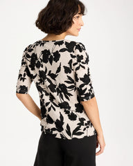 Black Flora Linen Ruched Sleeve Tee