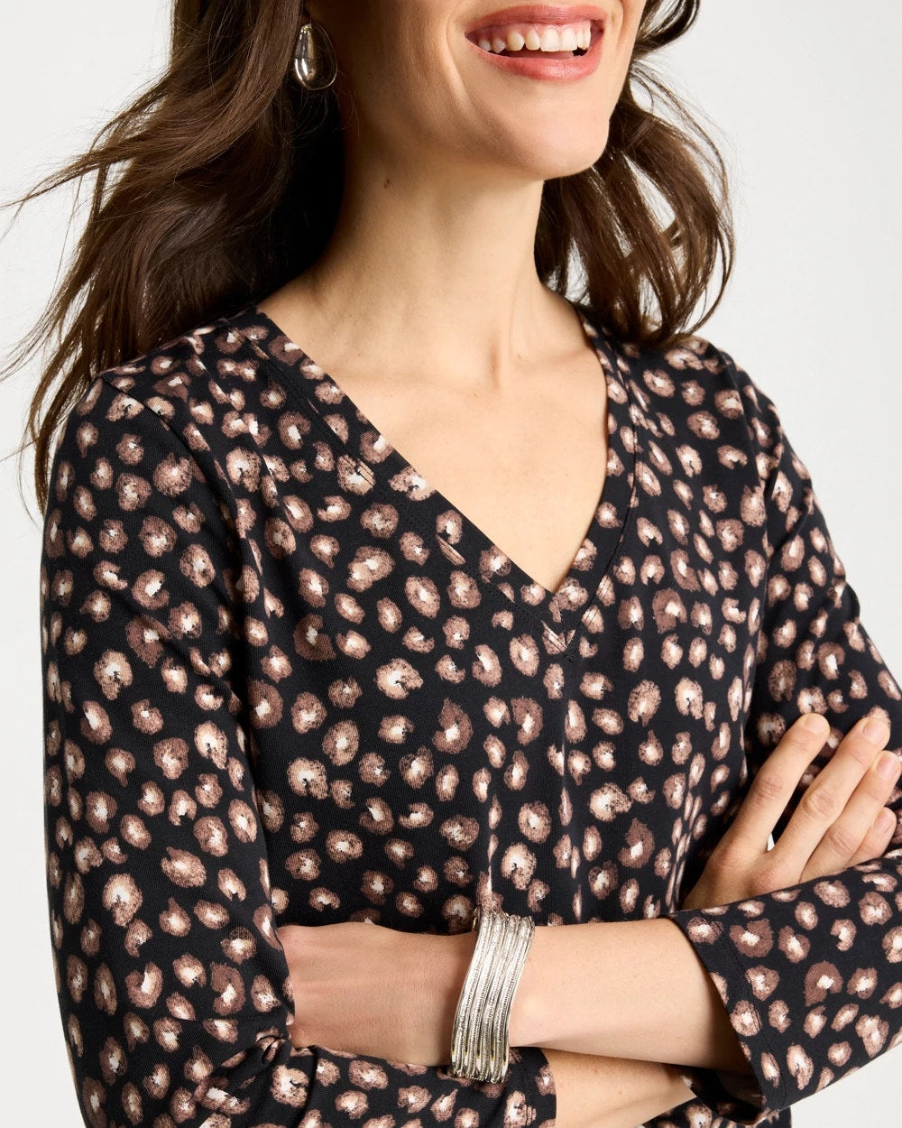 Black Cotton Stretch 3/4 Sleeve Polka Dot Tee