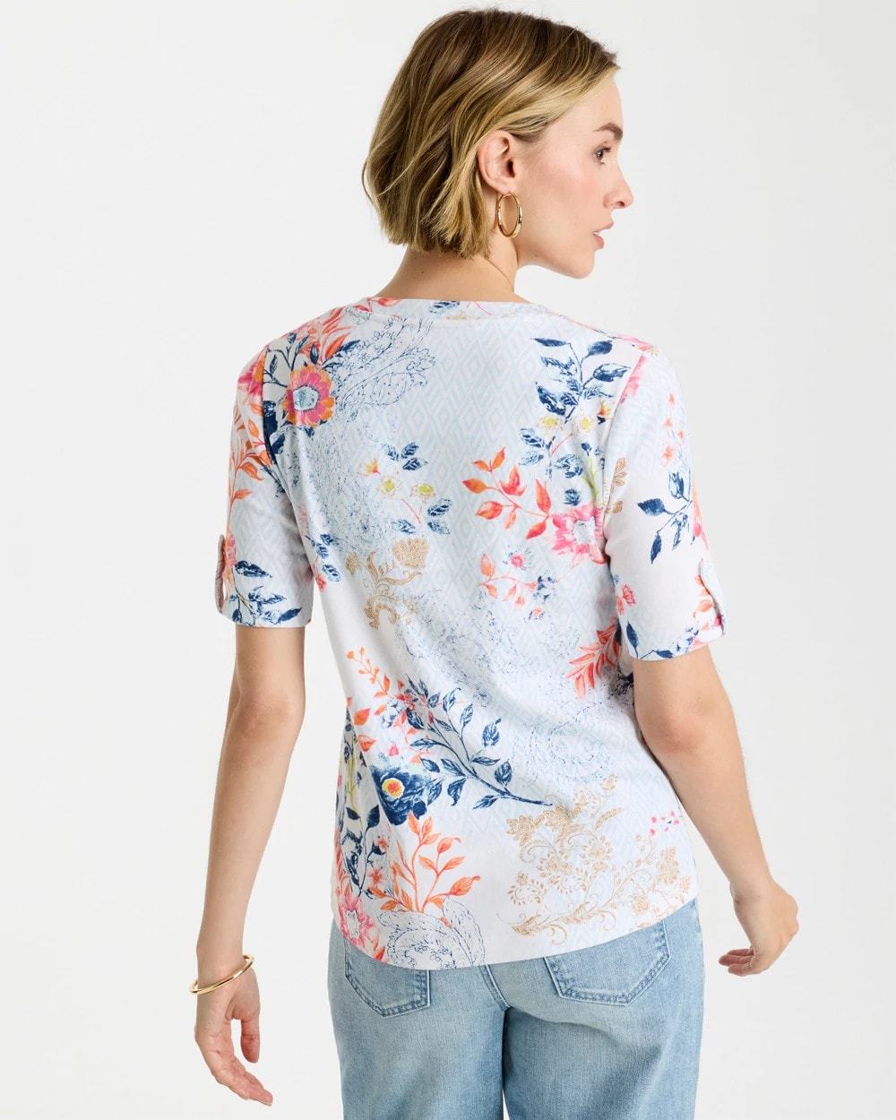 Calypso Coral Pima Floral Elbow Sleeve Tee