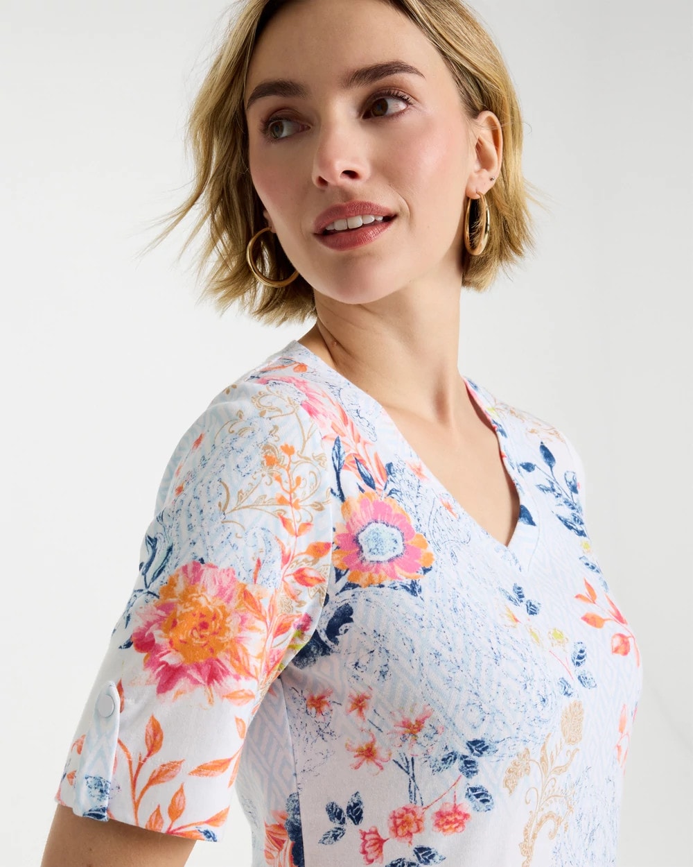 Calypso Coral Pima Floral Elbow Sleeve Tee