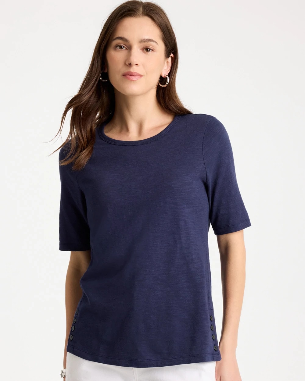 Passport Blue Cotton Slub Crewneck Button Tee