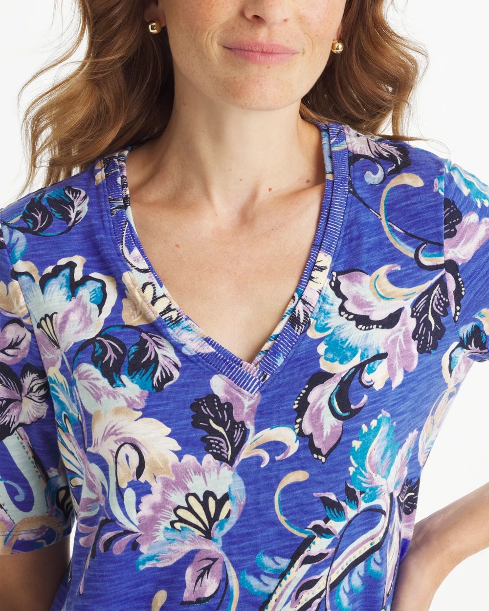 Amparo Blue Paisley Cotton Slub V-Neck Tee