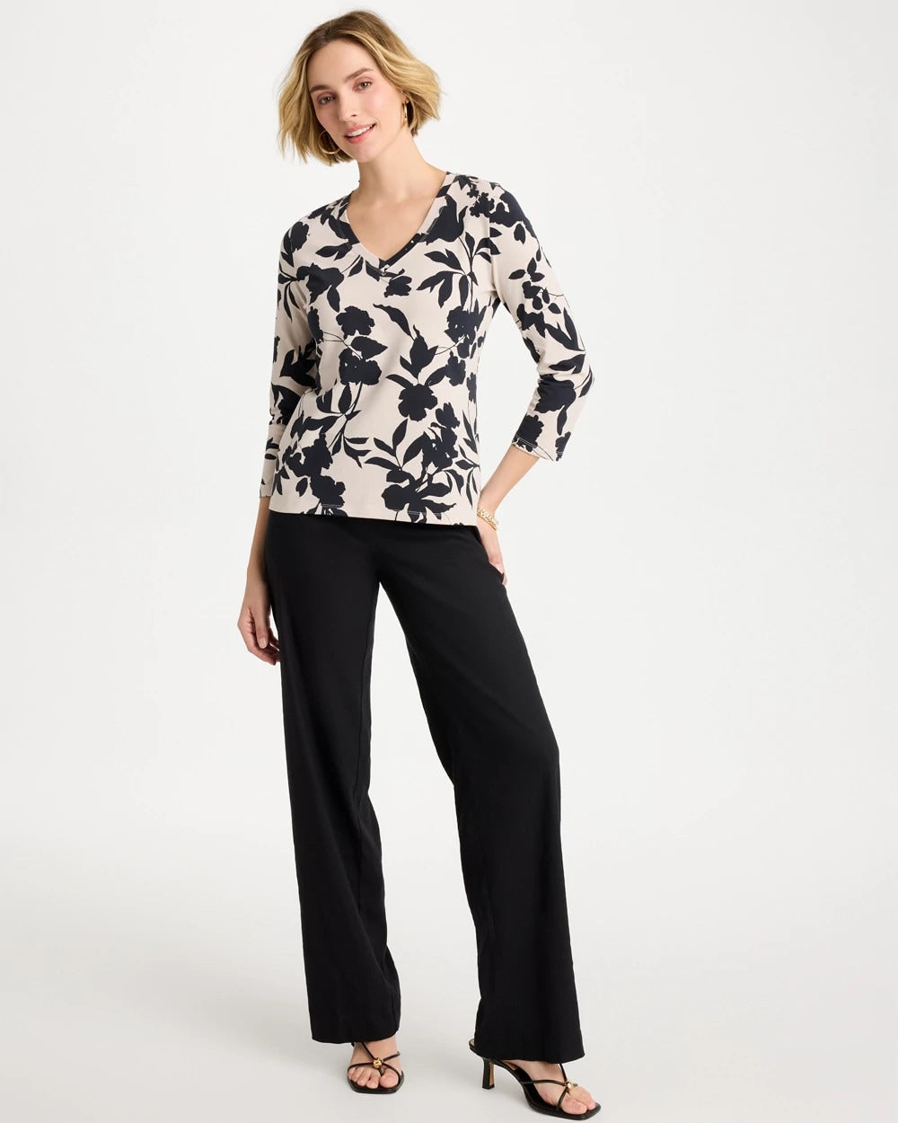 Black Cotton Stretch 3/4 Sleeve Floral Tee