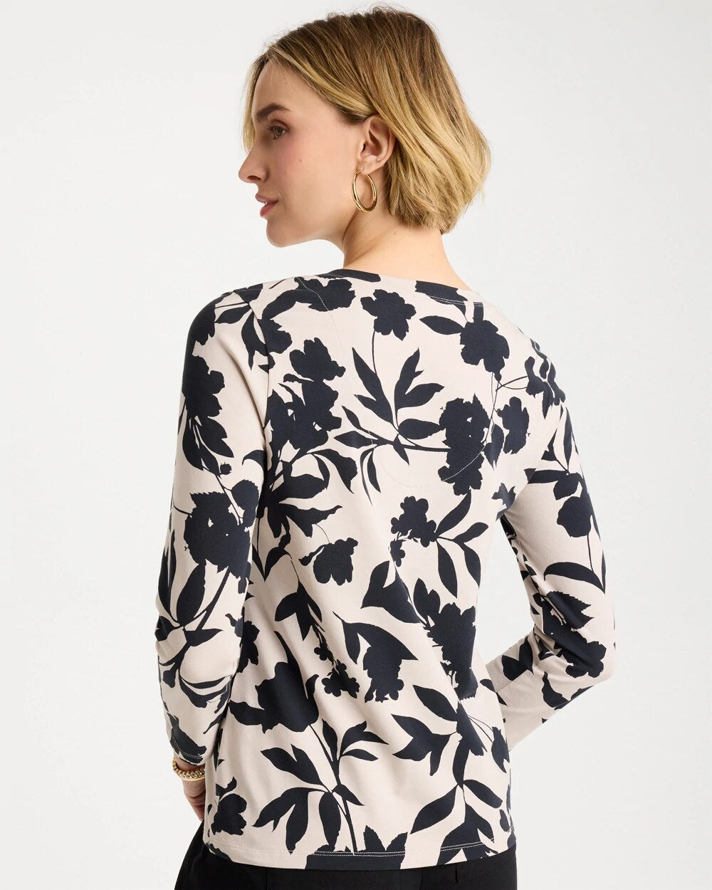 Black Cotton Stretch 3/4 Sleeve Floral Tee