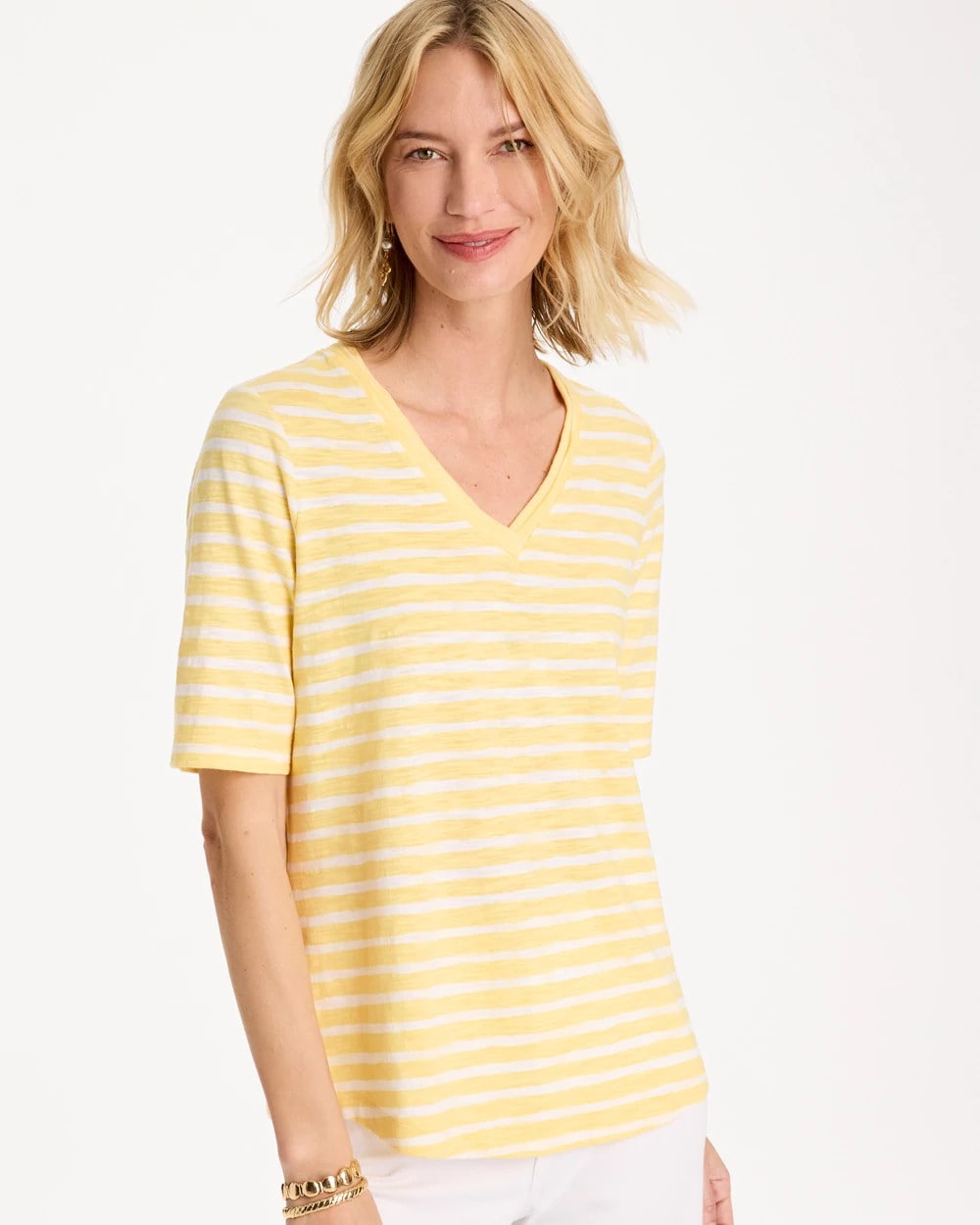 Golden Haze Striped Cotton Slub V-Neck Tee