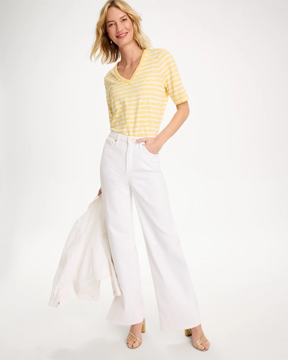 Golden Haze Striped Cotton Slub V-Neck Tee