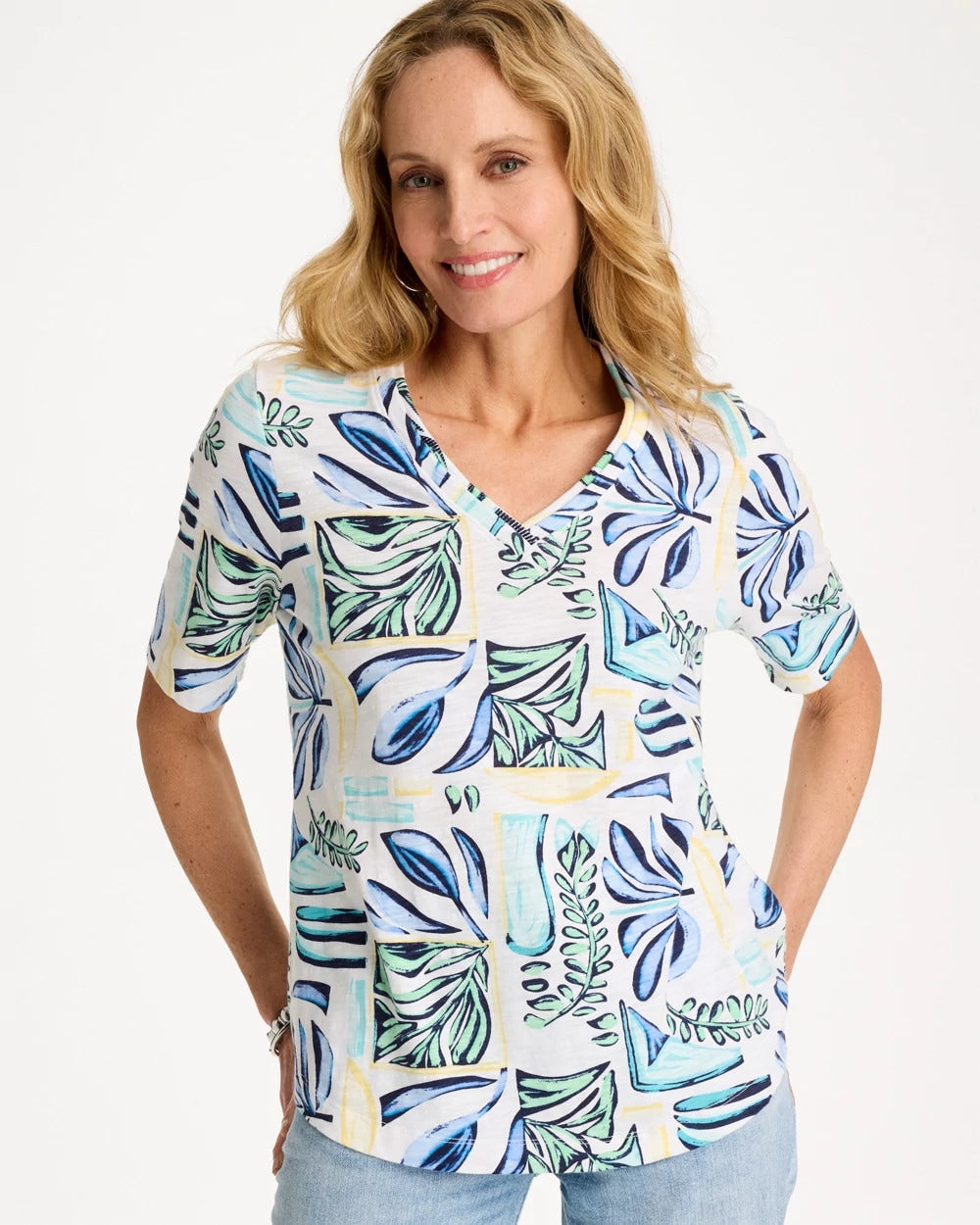 Green Clover Palm Cotton Slub V-Neck Tee