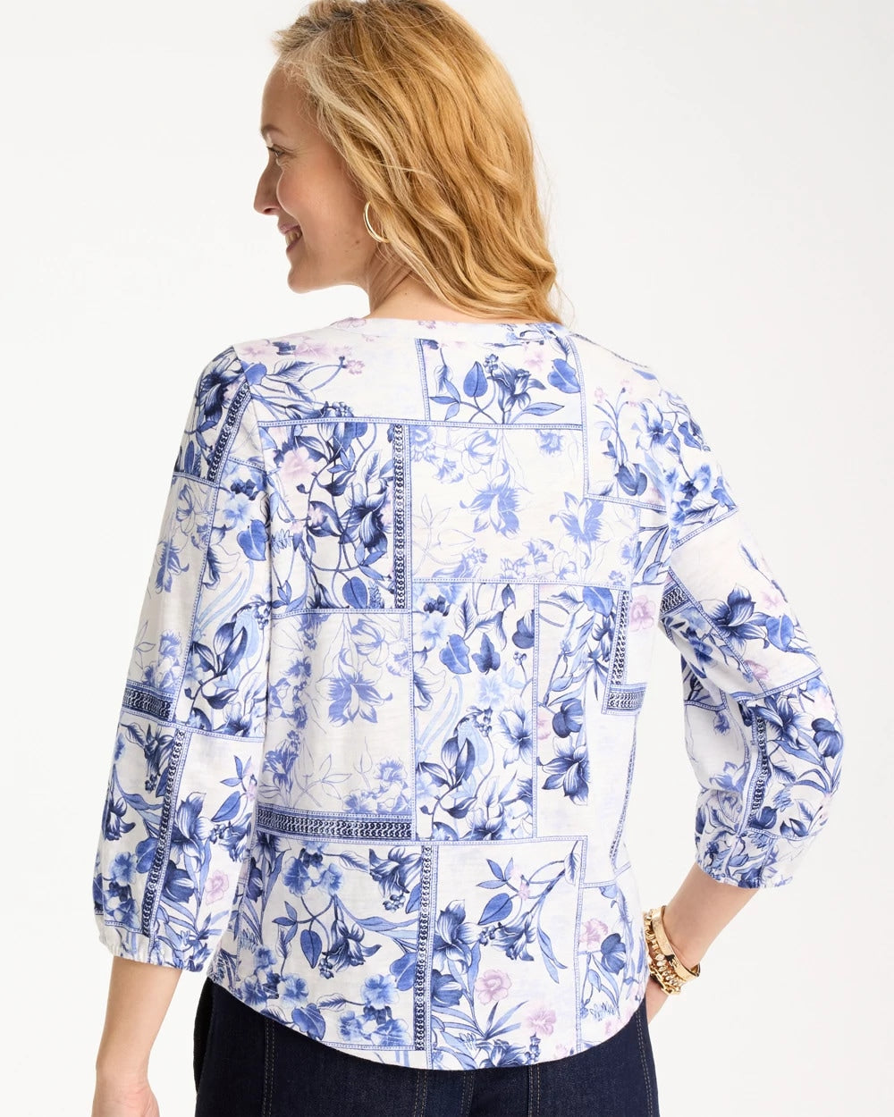 Passport Blue Elle Puff Sleeve Cotton Slub Henley Tee