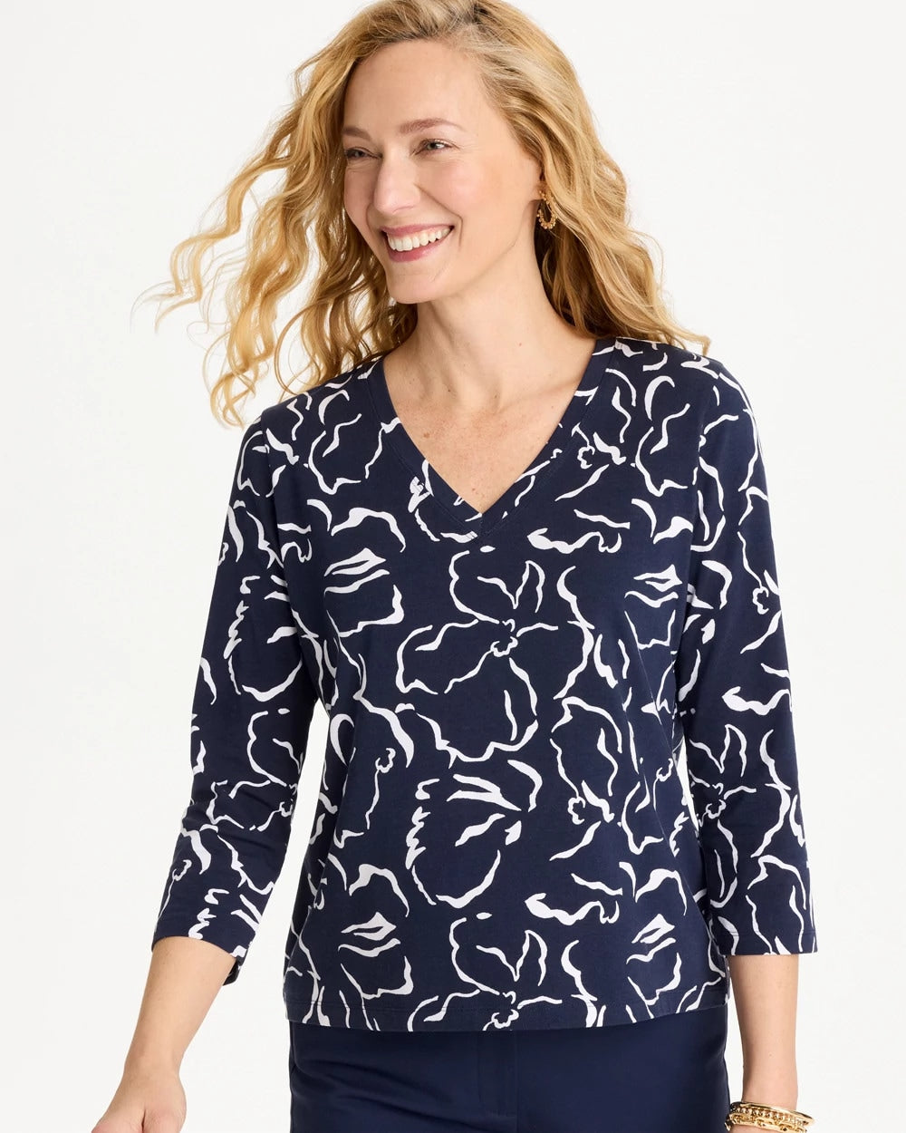 Passport Blue Maya Cotton Stretch 3/4 Sleeve Tee