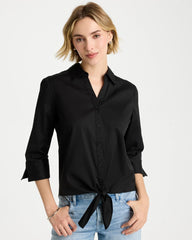 Black Poplin Cotton Tie-Front Top