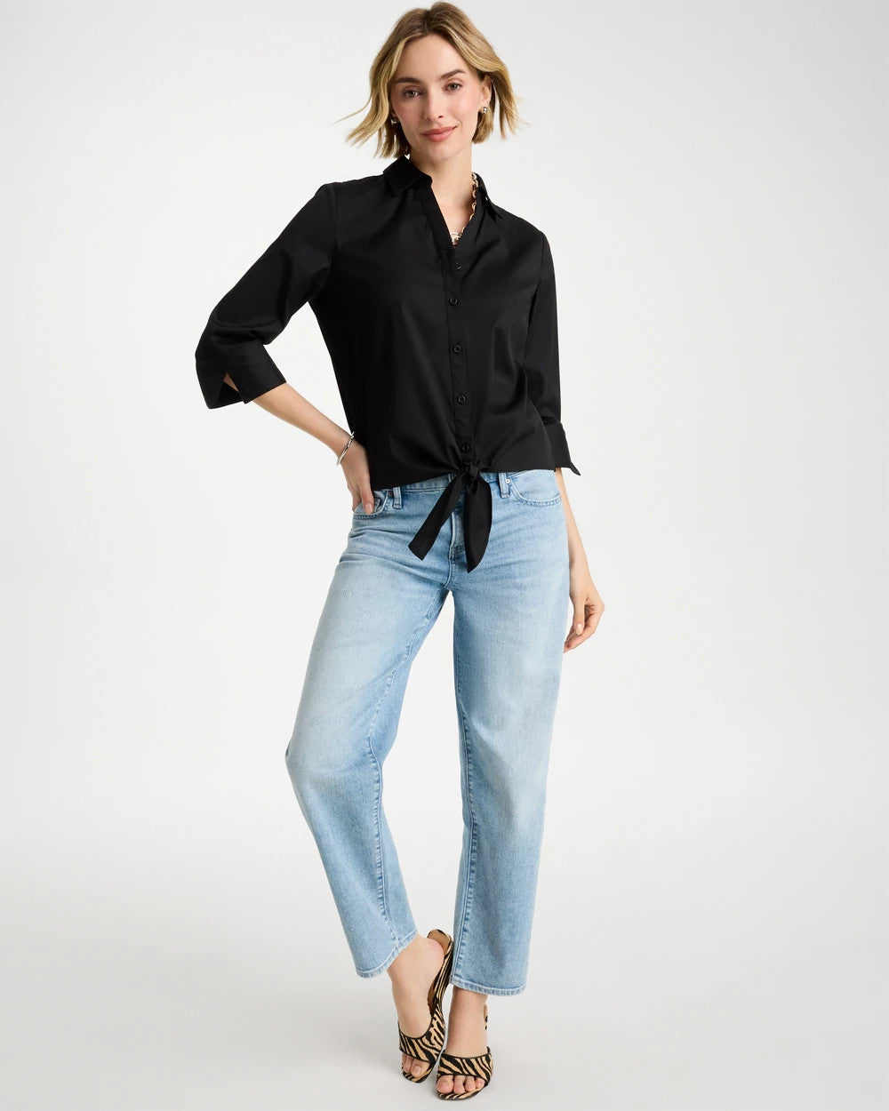 Black Poplin Cotton Tie-Front Top