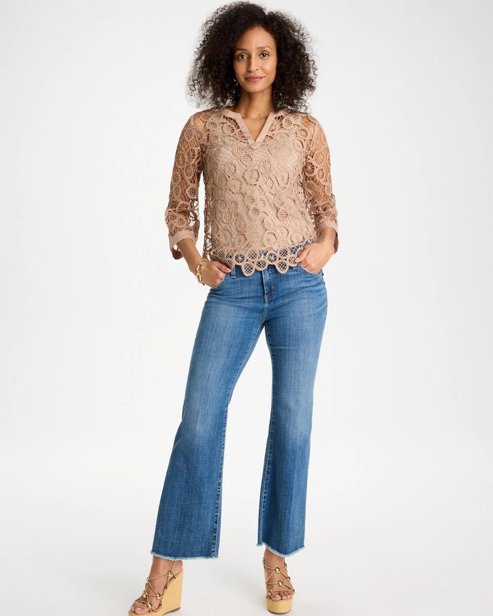 Mocha Mousse Mixed-Media Medallion Lace Top