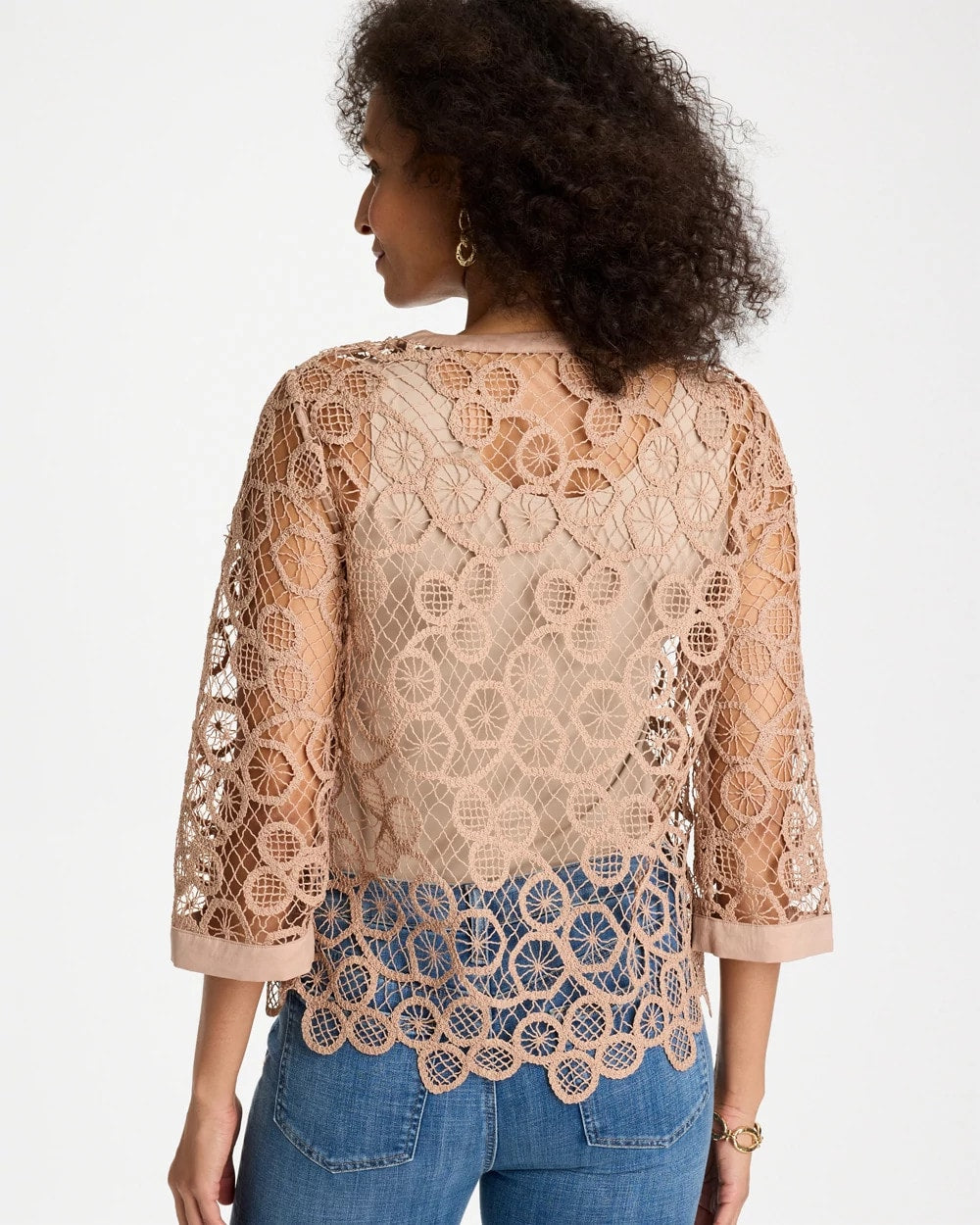 Mocha Mousse Mixed-Media Medallion Lace Top