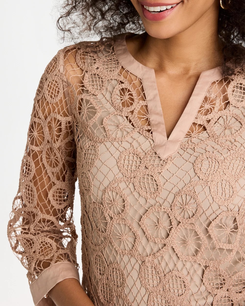 Mocha Mousse Mixed-Media Medallion Lace Top