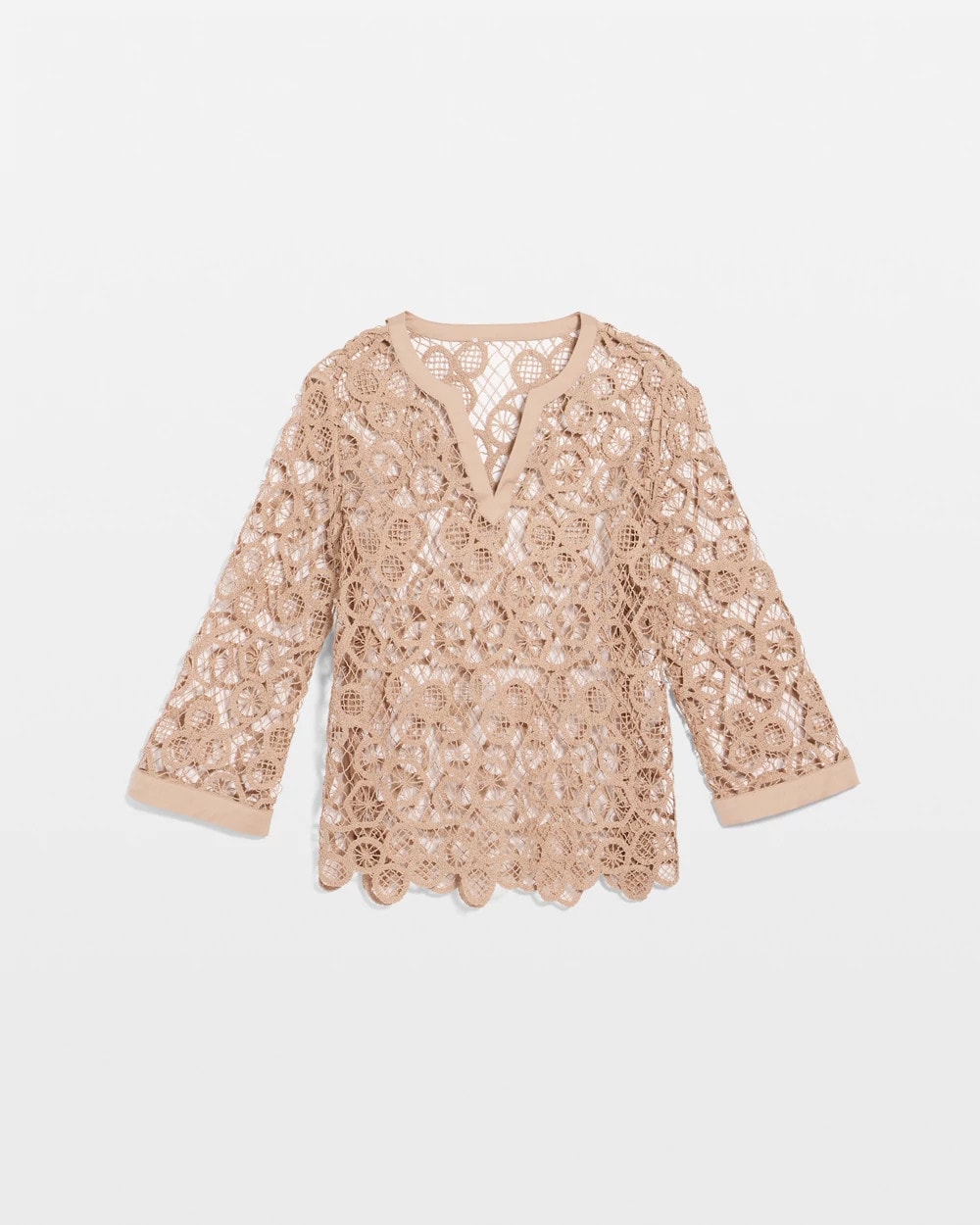 Mocha Mousse Mixed-Media Medallion Lace Top