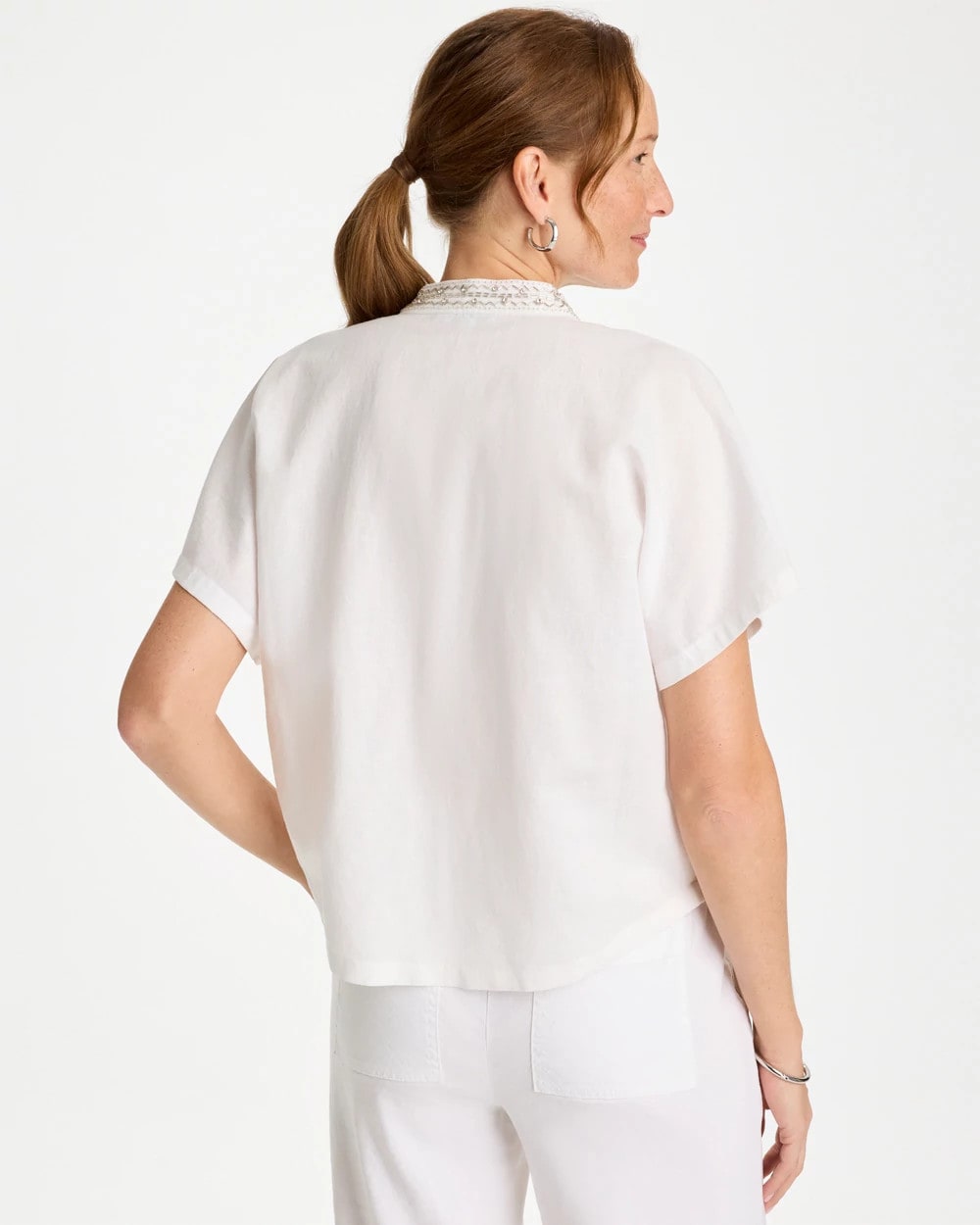 Alabaster Linen Embellished Popover Top