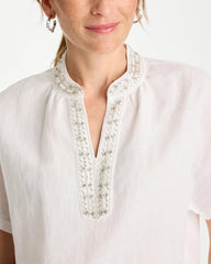 Alabaster Linen Embellished Popover Top