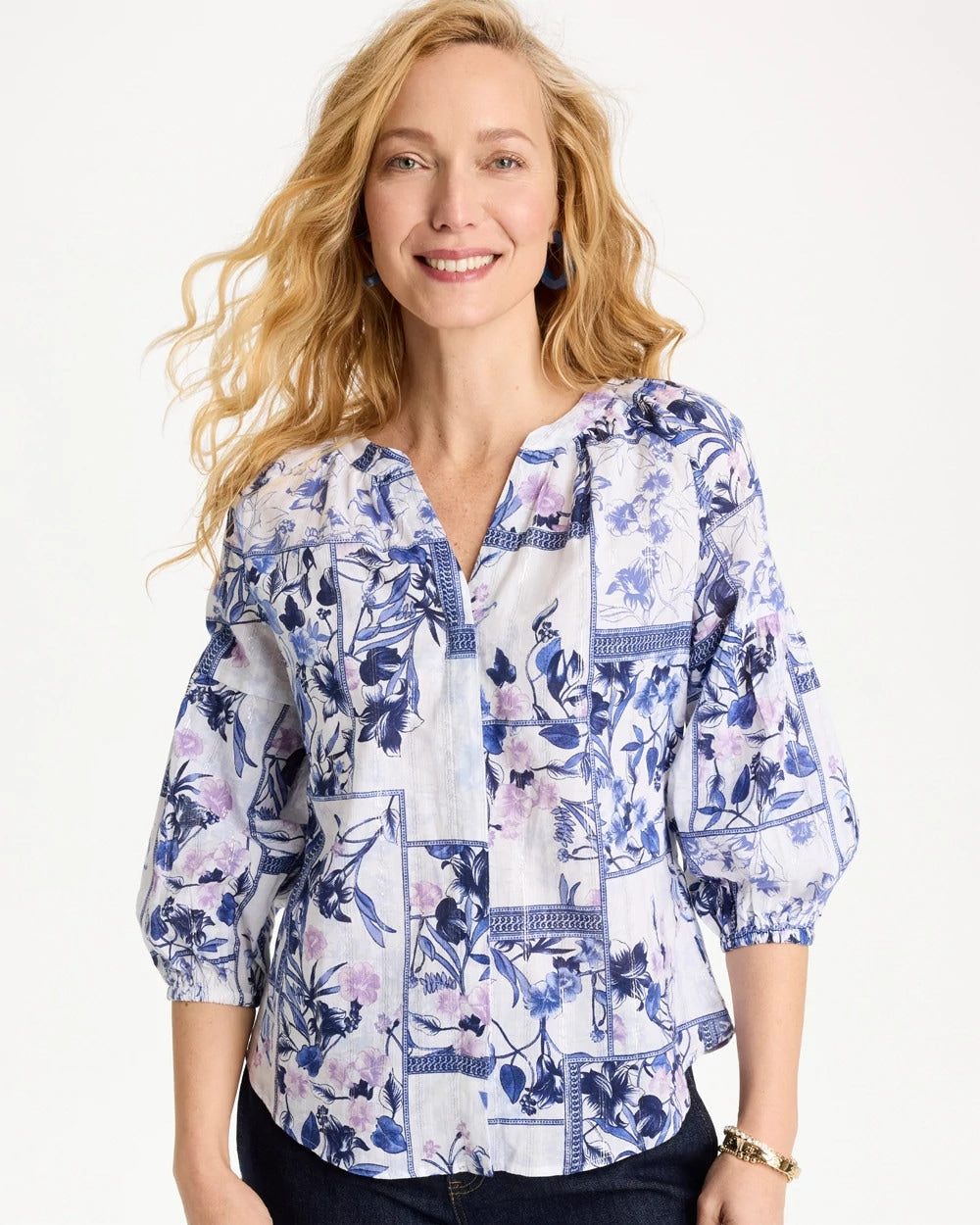 Amparo Blue Cotton Printed Billow Sleeve Blouse