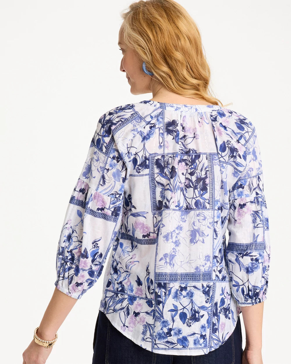 Amparo Blue Cotton Printed Billow Sleeve Blouse