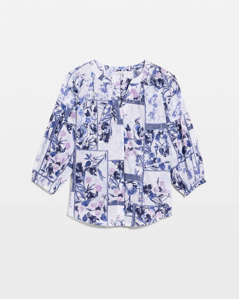 Amparo Blue Cotton Printed Billow Sleeve Blouse